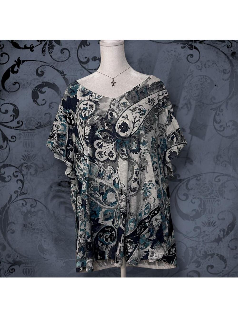 ornate paisley & floral scarf print vintage core v neck top